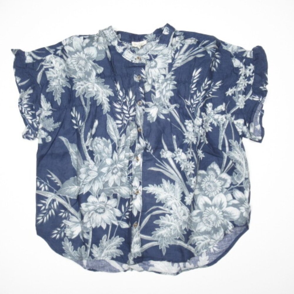 Anthropologie Pilcro Short-Sleeve Smocked Linen Buttondown Blouse Blue M - Picture 4 of 12